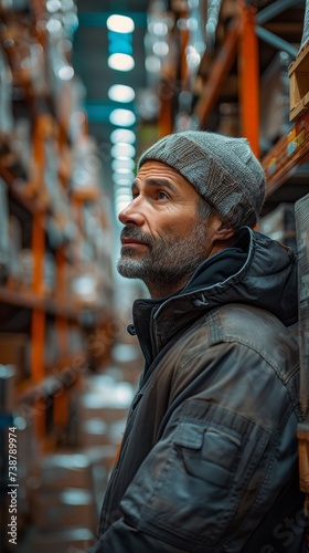 A bearded man in a beanie and jacket looks contemplatively in a warehouse aisle with shelves
