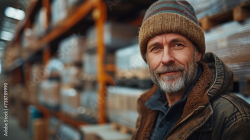 A bearded man wearing a beanie stands in a warehouse with shelves filled with packages