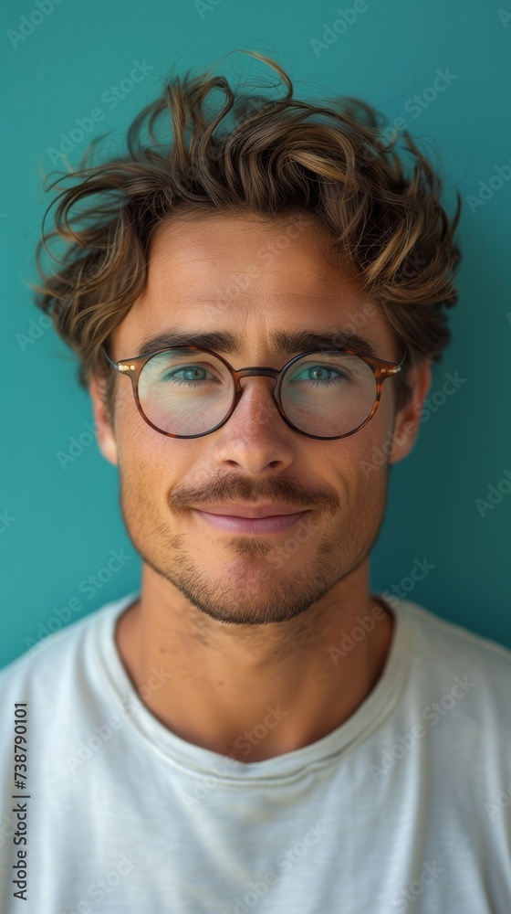 A man with curly hair, glasses, and stubble smiles against a turquoise background, wearing a white t-shirt