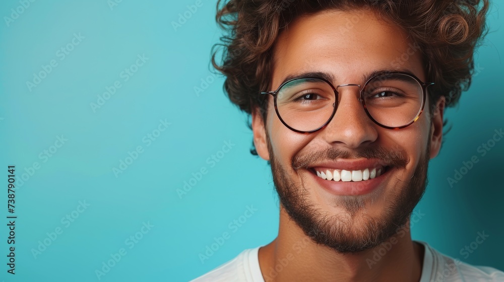 A cheerful young man with curly hair, wearing glasses, smiles on a bright blue background A cheerful young man with curly hair, wearing glasses, smiles on a bright blue background