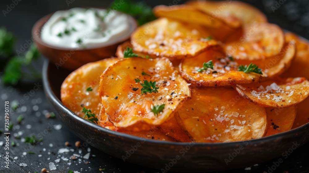 The image displays golden, crispy potato chips garnished with parsley, alongside a bowl of dipping sauce