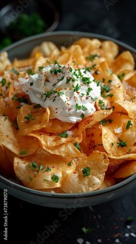 A bowl of seasoned tortilla chips topped with sour cream and sprinkled with fresh herbs