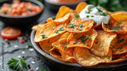 A skillet of seasoned nachos with a dollop of sour cream, garnished with chopped herbs, close-up