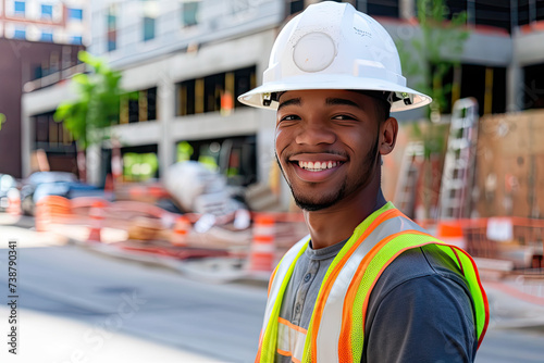  Smiling construction worker wearing a white hard hat and reflective vest  © Kitta