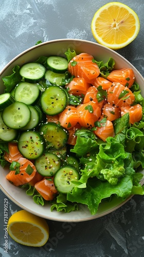A bowl filled with salmon sashimi, cucumber slices, lettuce, sesame seeds, and lemon on a gray background