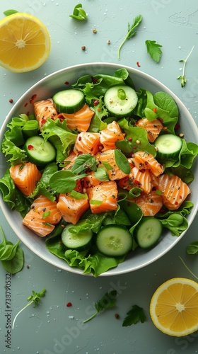 Fresh salad with smoked salmon, spinach, cucumber, and herbs in a bowl, garnished with lemon, peppercorns