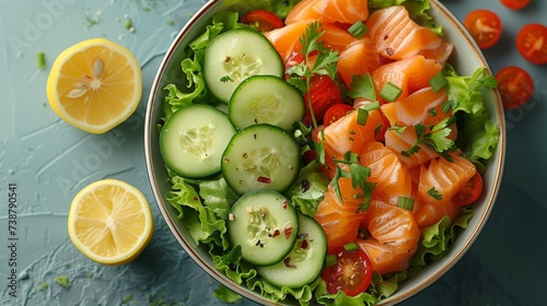 A bowl of fresh salad with salmon, cucumbers, lettuce, cherry tomatoes, lemon, and a sprinkle of herbs