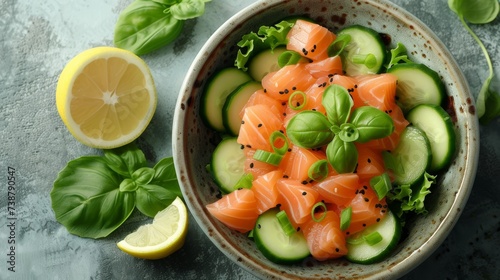 A bowl of salmon sashimi with cucumber slices, basil leaves, black sesame seeds, and lemon wedges