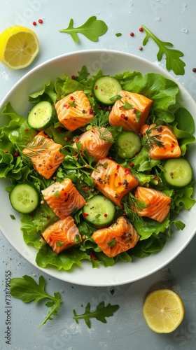 A fresh salad with smoked salmon, cucumber slices, arugula, dill, lemon, and peppercorns on a plate