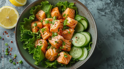 A bowl of salmon poke with cucumber slices, lettuce, sprinkled with sesame seeds and chili flakes