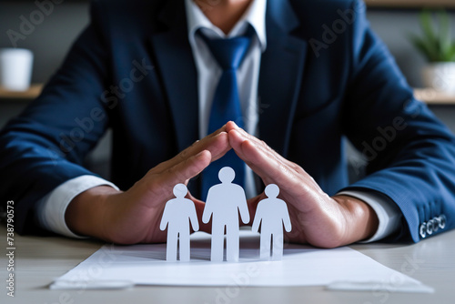 Man holding hands above small paper white human figures. Human rights protection and safe community of people concept photo