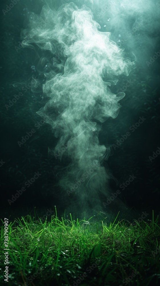 Underwater scene with swirling smoke or mist rising above a bed of green aquatic plants Underwater scene with swirling smoke or mist rising above a bed of green aquatic plants