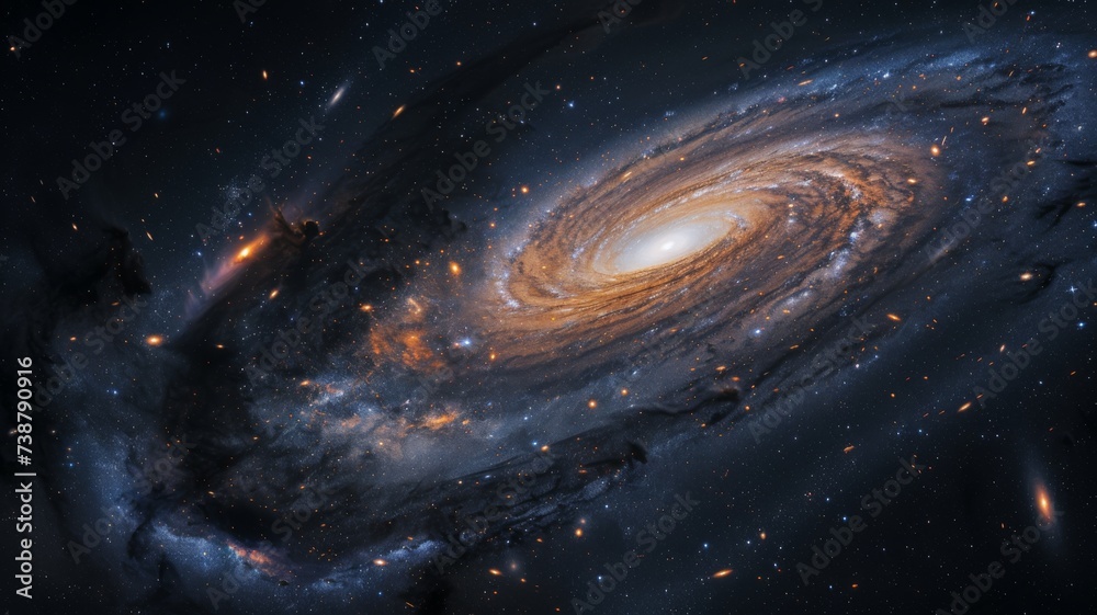 A panoramic view of the universe, where a massive spiral galaxy dominates the center, surrounded by millions of stars, with meteor showers adding a dynamic element