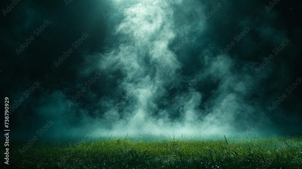 Ethereal blue mist swirls above a dewy meadow under a starry sky, evoking mystical tranquility - obrazy, fototapety, plakaty 
