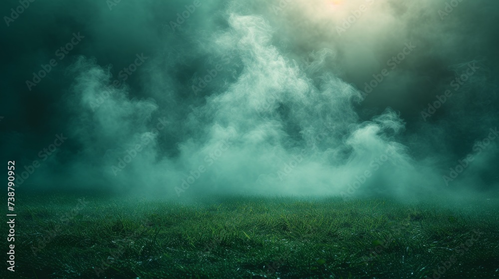 Eerie green mist rises from a grassy field under a dimly lit, mysterious, and ominous sky Eerie green mist rises from a grassy field under a dimly lit, mysterious, and ominous sky