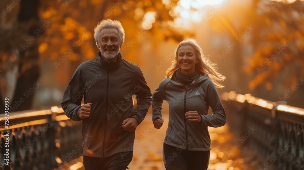 Two people are jogging together in a park with autumn trees during a golden sunset