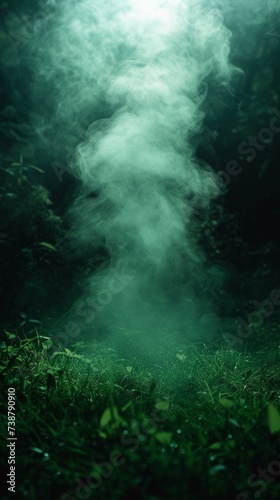 Ethereal white smoke rises amidst lush green foliage in a mystical, dimly lit forest setting
