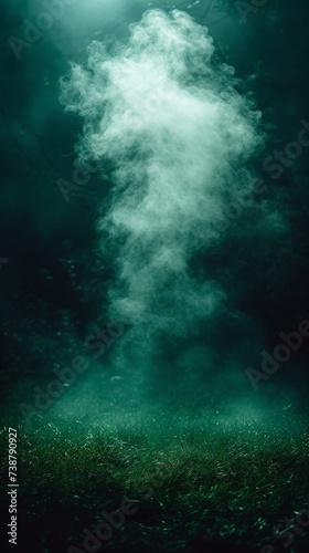 Ethereal white smoke rises mysteriously amidst a dark, green-tinged forest setting, suggesting an eerie or mystical atmosphere