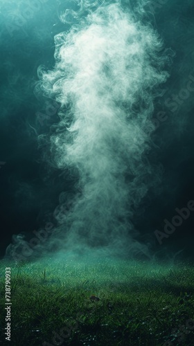 A swirling mist rises from a green grassy ground under a dim, mysterious blue light