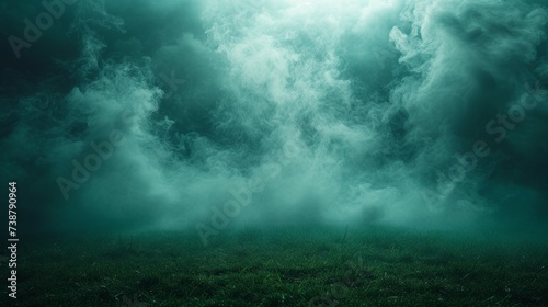 Dimly lit grassy ground shrouded in thick, swirling mist with a mysterious, eerie greenish hue photo
