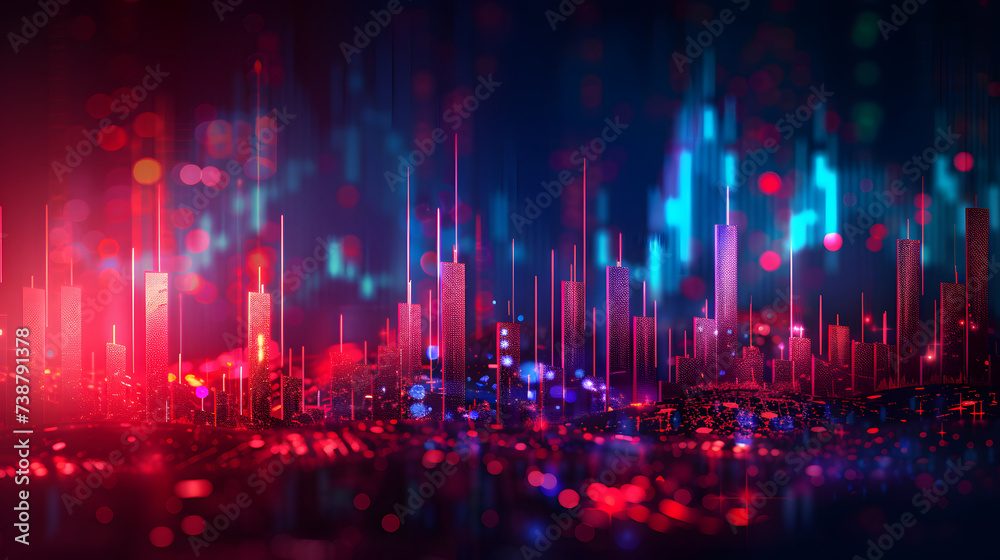 A red and blue graph is displayed on a dark background with light effects.