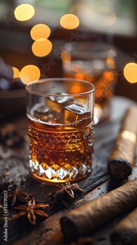 A glass of whiskey with ice  star anise  cinnamon sticks  warm bokeh lights on a wooden surface
