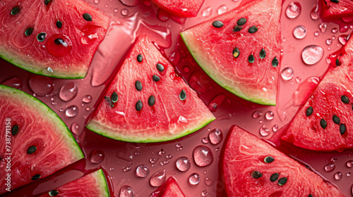 Delicious fresh watermelon slices as background. Top view. photo