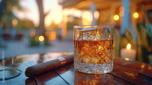 A glass of whiskey with ice next to a cigar on a wooden table at sunset