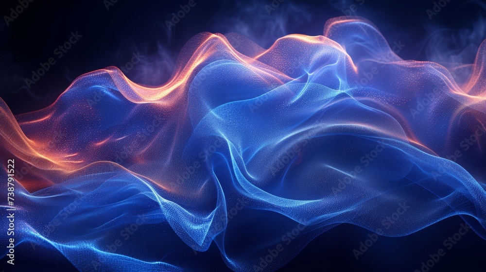 A digital illustration depicts a wavy, glowing blue fabric-like structure with red highlights and smoky background A digital illustration depicts a wavy, glowing blue fabric-like structure with red highlights and smoky background