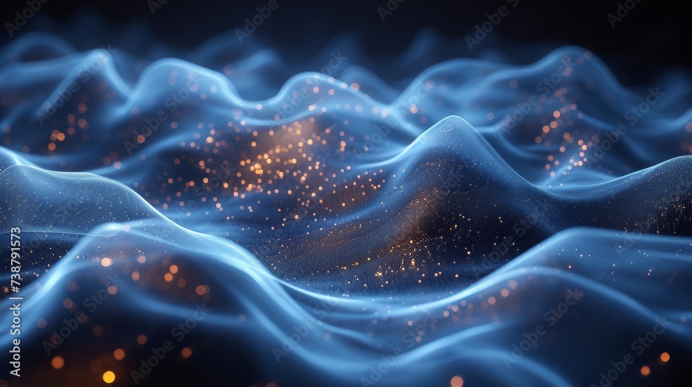 A digital illustration depicts waves of glowing blue fabric sprinkled with sparkling orange particles on a dark background A digital illustration depicts waves of glowing blue fabric sprinkled with sparkling orange particles on a dark background