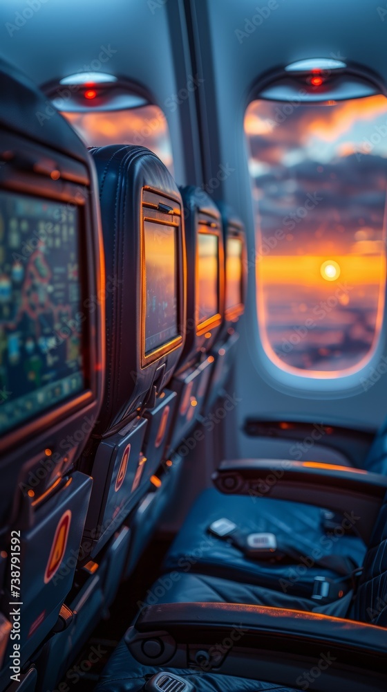 The image displays an airplane cabin interior during flight with a view of a sunset through the window