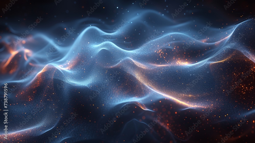 This image depicts an abstract digital art with glowing blue wave-like patterns amidst sparkling particles