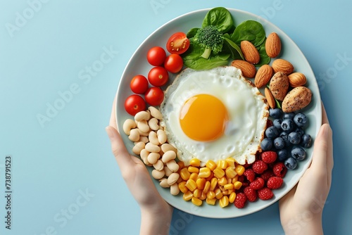 a plate of food with a fried egg and nuts photo