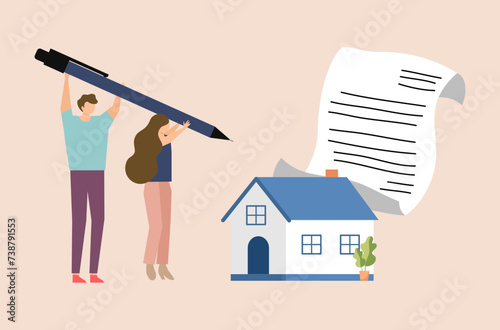 Flat design of ‘home loan investment’ vector, couple’s buying new house, home loan bill payment, man and woman are signing residence loan, man and woman are rental residence together vector.