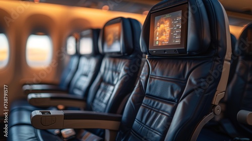 Airplane interior with rows of empty black leather seats and individual entertainment screens on backrests photo