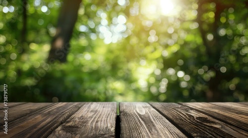 The background of an empty wooden table with a defocused nature theme in the background