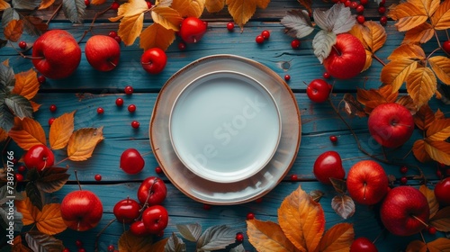 A bowl of milk surrounded by autumn leaves, red apples, and berries on a wooden surface