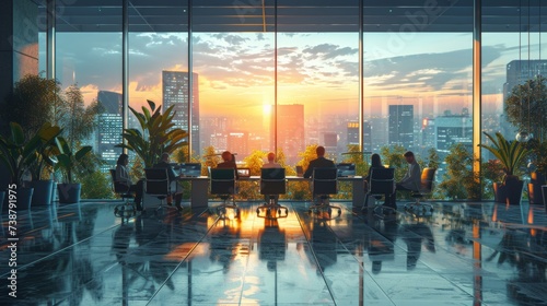 Inside a modern office, people sit at desks, working as the sun sets over a cityscape