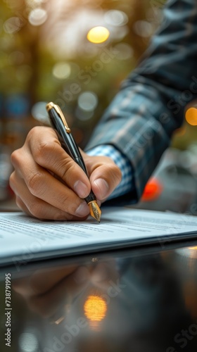 A person in a checkered shirt is signing a document on a reflective surface, bokeh background