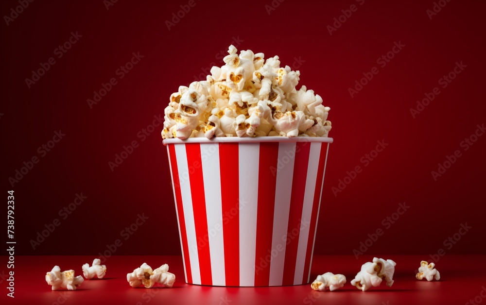 a bucket of popcorn on a red surface