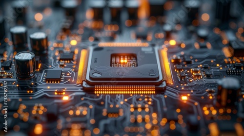 A close-up of an electronic circuit board with a central processing unit and illuminated connectors photo