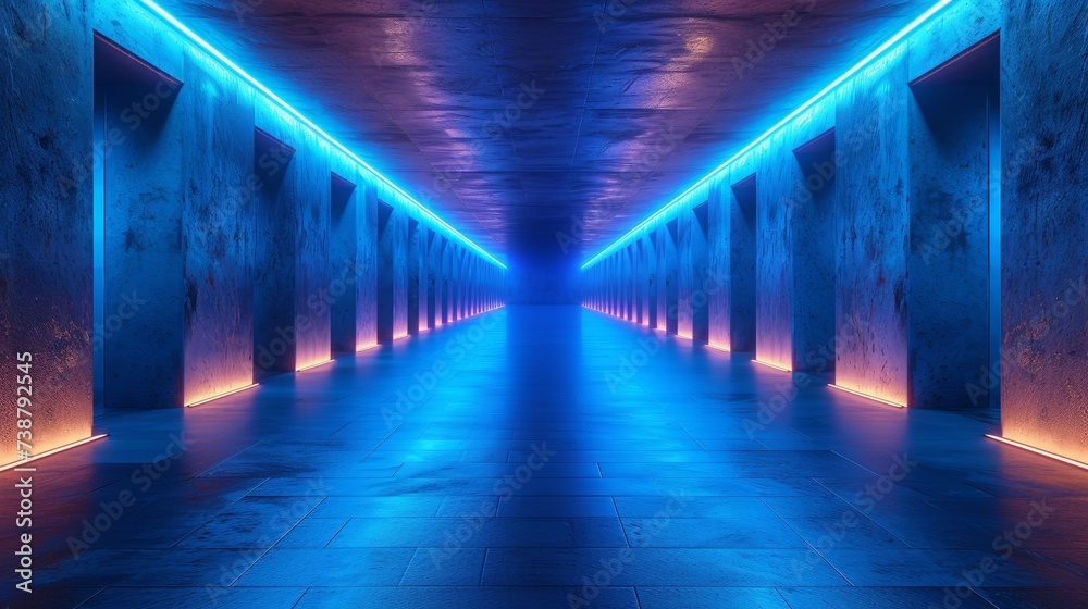 A futuristic tunnel illuminated with neon blue and red lights, creating a vibrant, symmetrical vanishing point