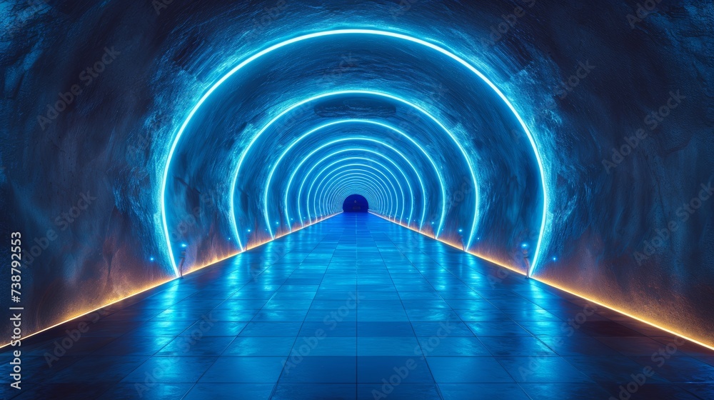 Futuristic tunnel illuminated with blue lights creating a circular pattern along the walls and ceiling Futuristic tunnel illuminated with blue lights creating a circular pattern along the walls and ceiling