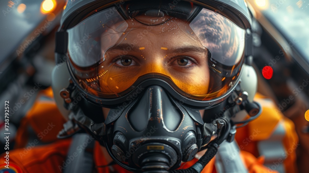 Close-up of a person wearing an airforce pilot helmet and mask, with reflective visor and orange suit Close-up of a person wearing an airforce pilot helmet and mask, with reflective visor and orange suit