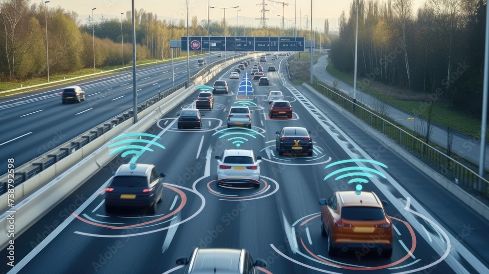 Autonomous Cars on Highway with Smart Technology Signals,vehicle-to-vehicle communication and advanced safety features