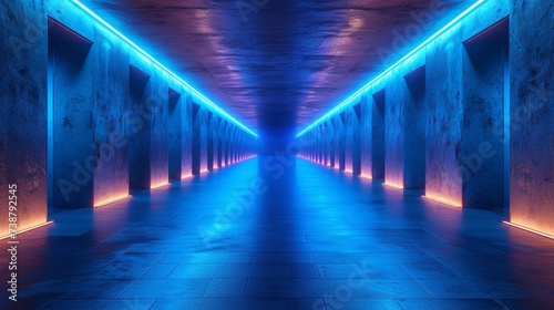 A futuristic tunnel illuminated with neon blue and red lights, creating a vibrant, symmetrical vanishing point © TheGoldTiger