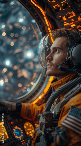Astronaut in orange suit with helmet inside spacecraft looking out at stars, surrounded by control panels