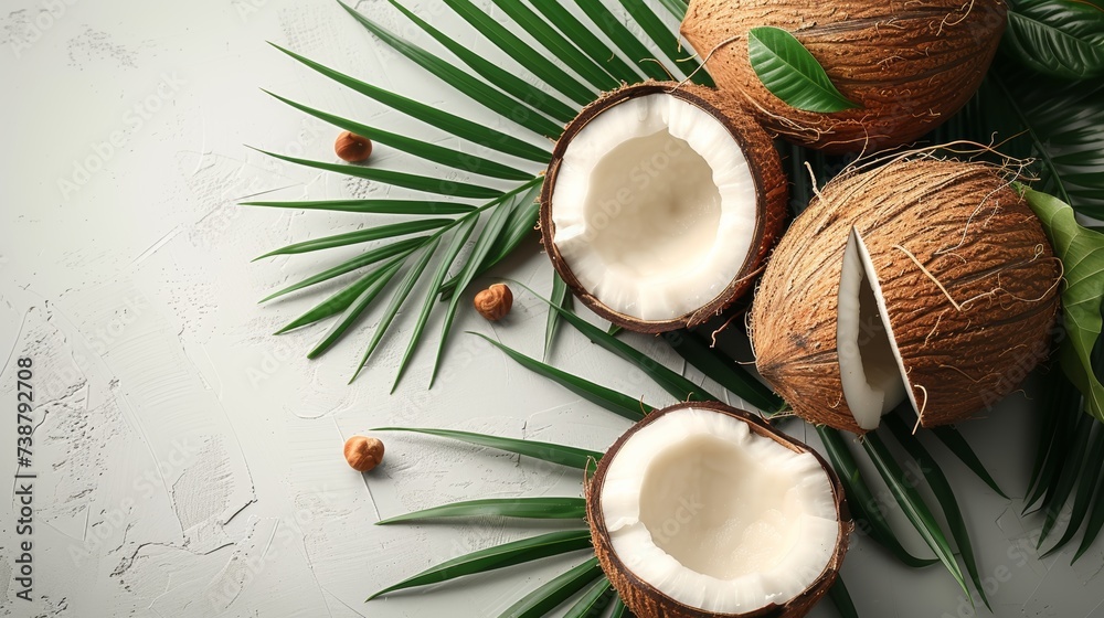 Whole and halved coconuts with lush green palm leaves on a textured off-white background