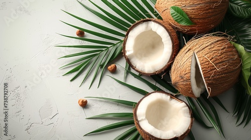 Whole and halved coconuts with lush green palm leaves on a textured off-white background