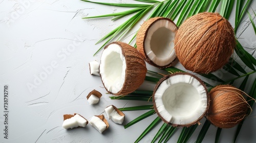 Whole coconuts, halved and chopped pieces on a white surface with green tropical palm leaves